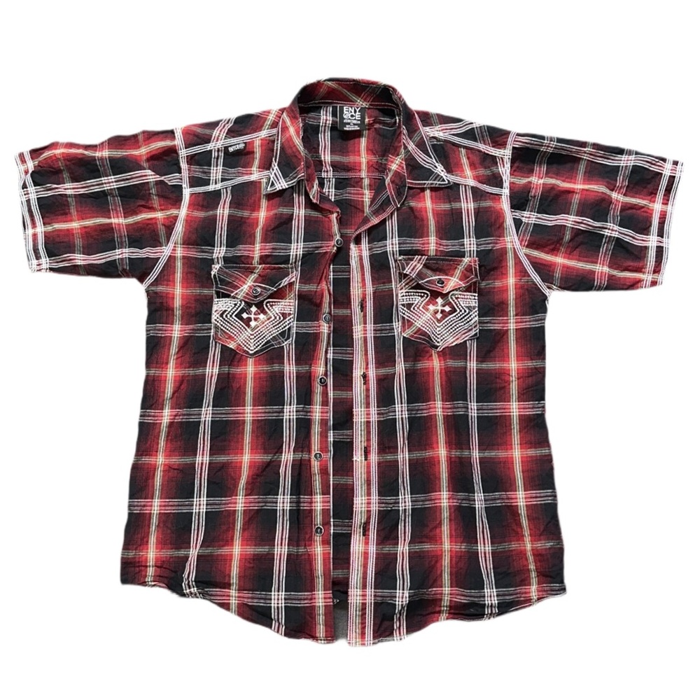 Y2K ENYCE men's red/black plaid affliction style casual button up shirt, XL.